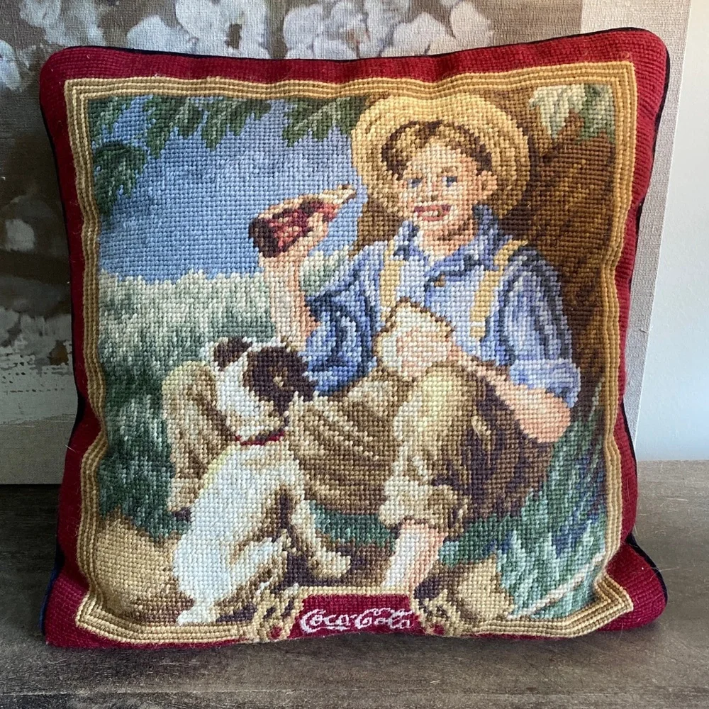Coca-Cola Needlepoint Pillow Farmer Boy Dog Red Border Blue Velvet Backing 14x13